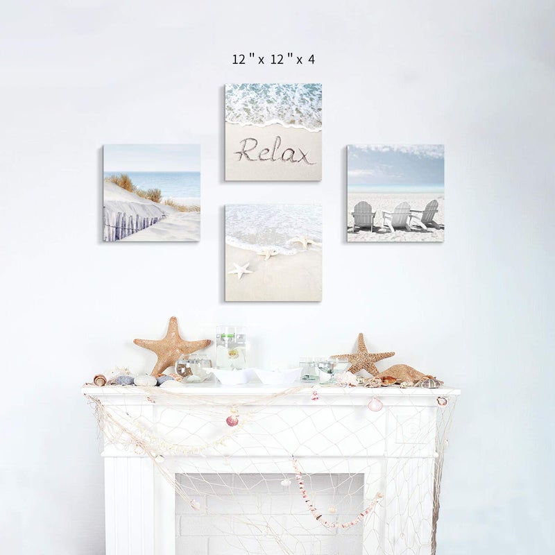 Hardy Gallery Coastal Artwork Beach Wall Art: Starfish & Chairs on Sand Painting with Word Picture on Canvas for Living Room (12â€ x 12'' x 4 Panels) - Image 2